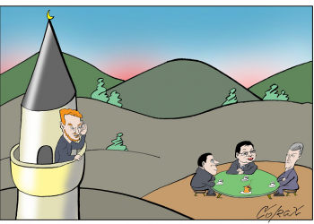 BAKIR U CORAXOVOJ KARIKATURI Popeo se na munaru da čuje šta se priča po Mostaru