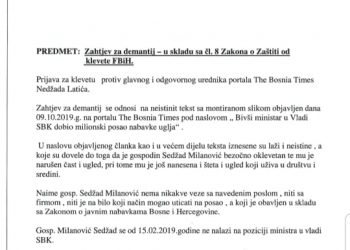 PREDMET: Zahtjev za demantij na tekst “Bivši ministar u vladi SBK dobio milionski posao nabavke uglja”