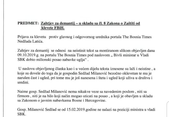 PREDMET: Zahtjev za demantij na tekst “Bivši ministar u vladi SBK dobio milionski posao nabavke uglja”